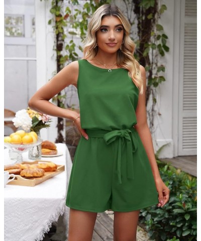 Womens Summer Belted Romper Keyhole Back Short Sleeve Jumpsuit Playsuit Treetop Green $18.48 Rompers