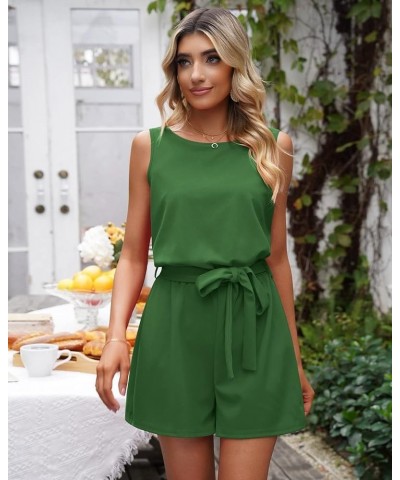 Womens Summer Belted Romper Keyhole Back Short Sleeve Jumpsuit Playsuit Treetop Green $18.48 Rompers