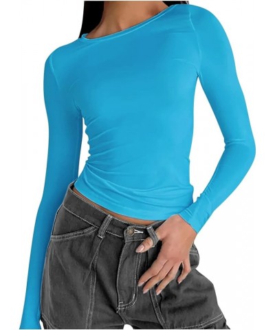 Women's Sexy Crewneck Crop Top Long Sleeve Slim Fit Layering T-Shirt Spring Stretchy Casual Basic Shirt Blouse 2591-crysfr-bu...