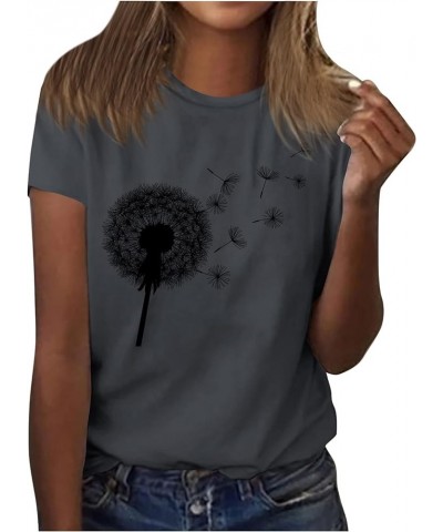 Tshirts Shirts for Women Summer Dandelion Print Solid Trendy Tops Short Sleeve Crewneck Spring Blouses Comfy Sexy S119-dark G...