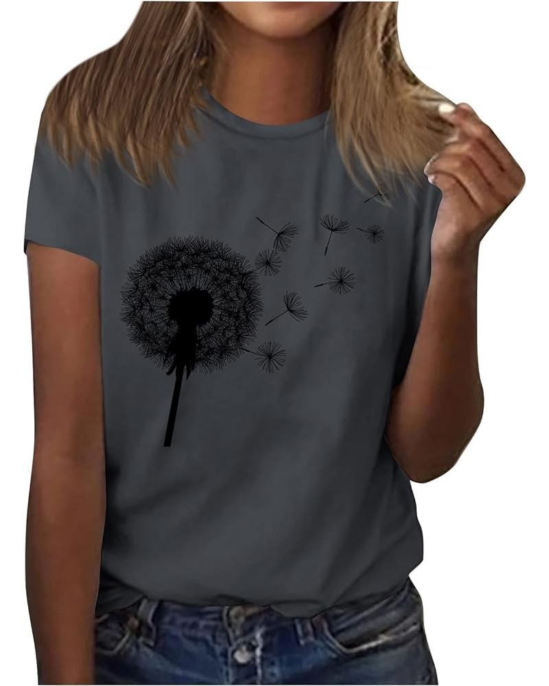 Tshirts Shirts for Women Summer Dandelion Print Solid Trendy Tops Short Sleeve Crewneck Spring Blouses Comfy Sexy S119-dark G...