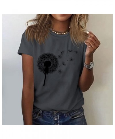 Tshirts Shirts for Women Summer Dandelion Print Solid Trendy Tops Short Sleeve Crewneck Spring Blouses Comfy Sexy S119-dark G...