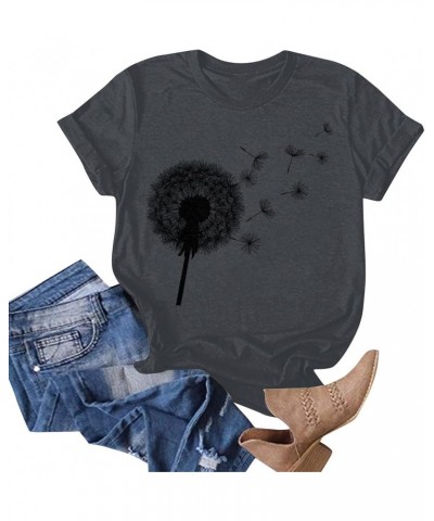 Tshirts Shirts for Women Summer Dandelion Print Solid Trendy Tops Short Sleeve Crewneck Spring Blouses Comfy Sexy S119-dark G...