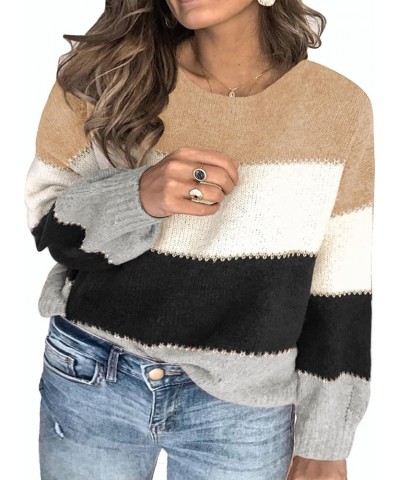 Womens Plus Size Sweaters Casual Long Sleeve Crewneck Color Block Knit Pullover Jumper Tops(1X-5X) Apricot $25.36 Sweaters