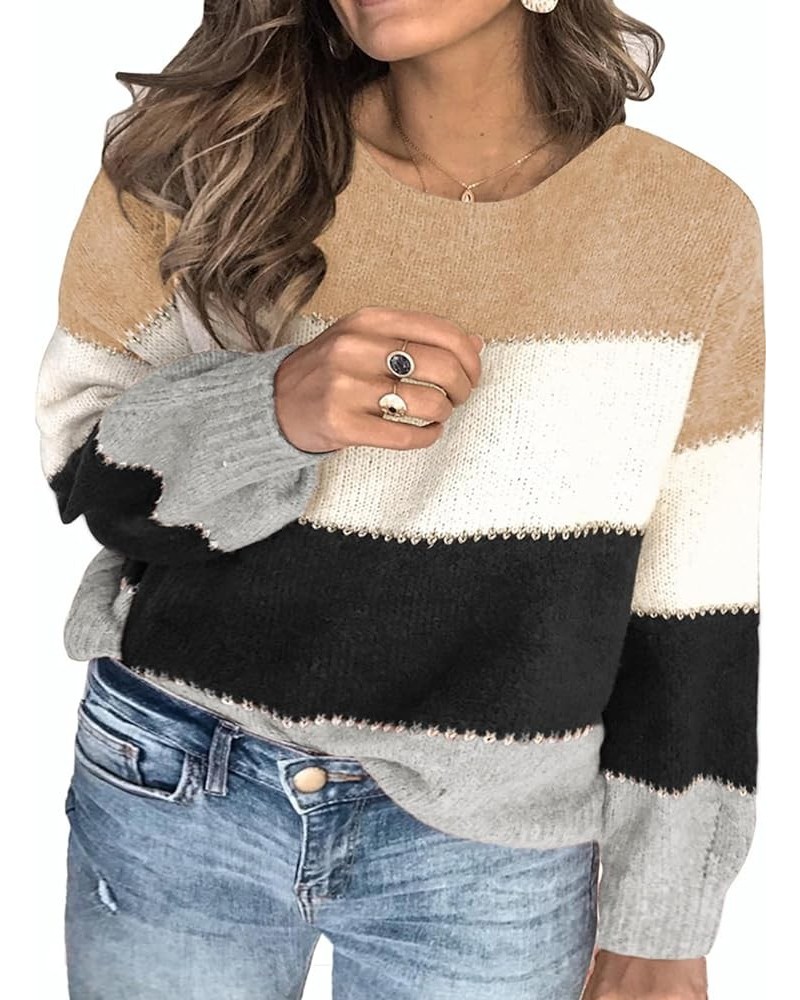 Womens Plus Size Sweaters Casual Long Sleeve Crewneck Color Block Knit Pullover Jumper Tops(1X-5X) Apricot $25.36 Sweaters