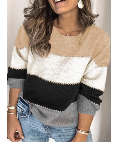 Womens Plus Size Sweaters Casual Long Sleeve Crewneck Color Block Knit Pullover Jumper Tops(1X-5X) Apricot $25.36 Sweaters