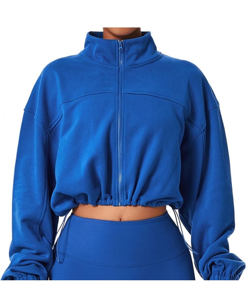 Women Sweat Jacket Cropped Without Hood Sports Long Sleeve Short Cardigan with Zipper Active Wear for Yoga Running Blue $20.9...