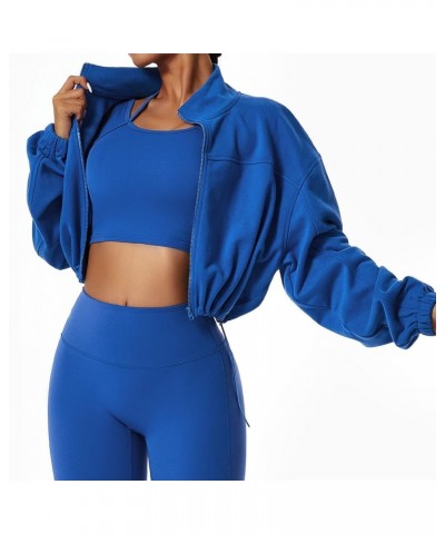 Women Sweat Jacket Cropped Without Hood Sports Long Sleeve Short Cardigan with Zipper Active Wear for Yoga Running Blue $20.9...