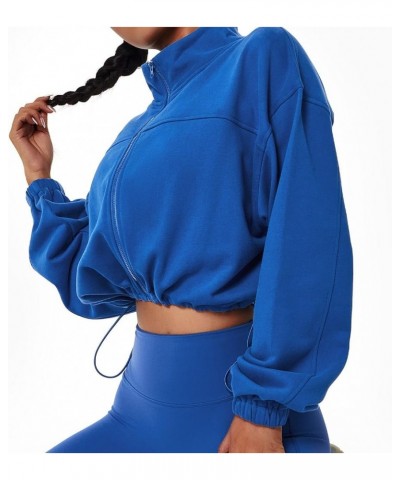 Women Sweat Jacket Cropped Without Hood Sports Long Sleeve Short Cardigan with Zipper Active Wear for Yoga Running Blue $20.9...