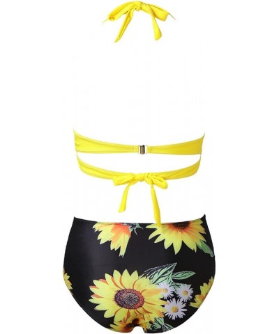 Women Two Piece Vintage Swimsuit Retro Halter Ruched High Waist Push Up Bikini with Bottom Swimwear Bathing Suits B04-yellow ...