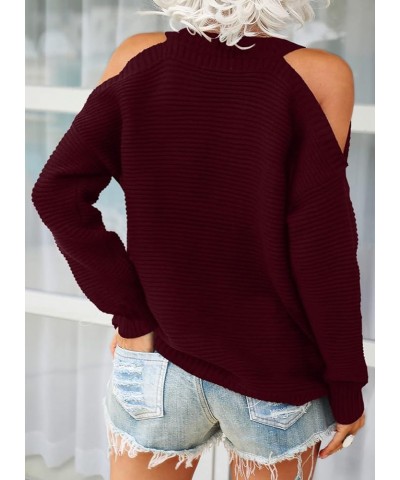 Womens Cold Shoulder Choker Long Sleeve Sweater Solid Casual Knitted Pullover Jumper Tops Wine Red $15.58 Sweaters