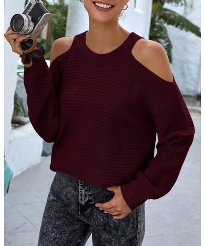 Womens Cold Shoulder Choker Long Sleeve Sweater Solid Casual Knitted Pullover Jumper Tops Wine Red $15.58 Sweaters