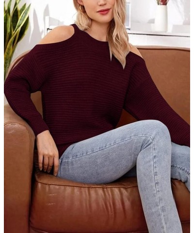 Womens Cold Shoulder Choker Long Sleeve Sweater Solid Casual Knitted Pullover Jumper Tops Wine Red $15.58 Sweaters