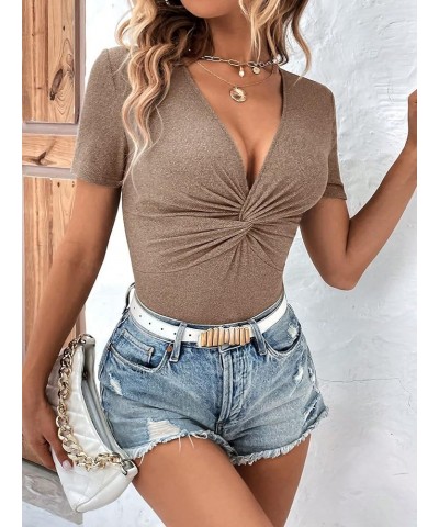 Women's Twist Front V Neck Knitted Bodysuit Short Sleeve Plunge Neck Skinny Leotard Top Coffee Brown $10.19 Bodysuits