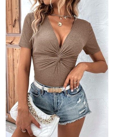 Women's Twist Front V Neck Knitted Bodysuit Short Sleeve Plunge Neck Skinny Leotard Top Coffee Brown $10.19 Bodysuits