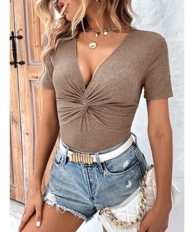 Women's Twist Front V Neck Knitted Bodysuit Short Sleeve Plunge Neck Skinny Leotard Top Coffee Brown $10.19 Bodysuits