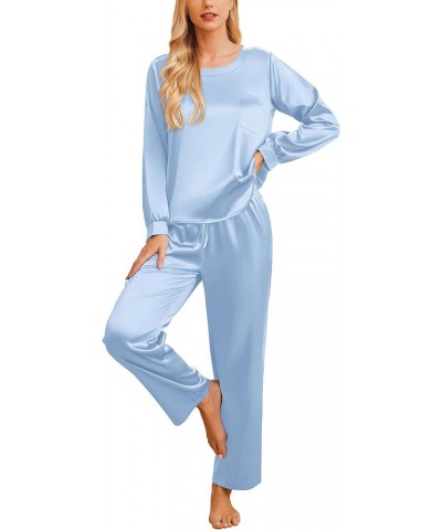 Womens Satin Silky Pajama Set Long Sleeve Top with Long Pajama Pant Set Soft PJ Loungewear Clear Blue $15.92 Sleep & Lounge