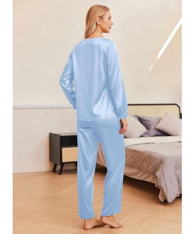 Womens Satin Silky Pajama Set Long Sleeve Top with Long Pajama Pant Set Soft PJ Loungewear Clear Blue $15.92 Sleep & Lounge