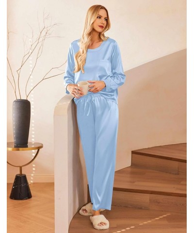 Womens Satin Silky Pajama Set Long Sleeve Top with Long Pajama Pant Set Soft PJ Loungewear Clear Blue $15.92 Sleep & Lounge