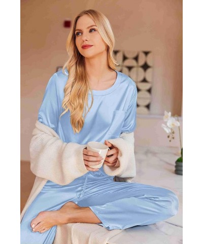 Womens Satin Silky Pajama Set Long Sleeve Top with Long Pajama Pant Set Soft PJ Loungewear Clear Blue $15.92 Sleep & Lounge