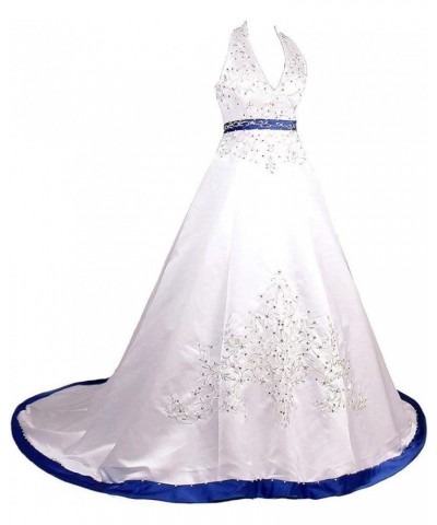 Women's Halter A-line Satin Embroidery Bridal Wedding Dresses for Bride Ivory & Blue $56.25 Dresses