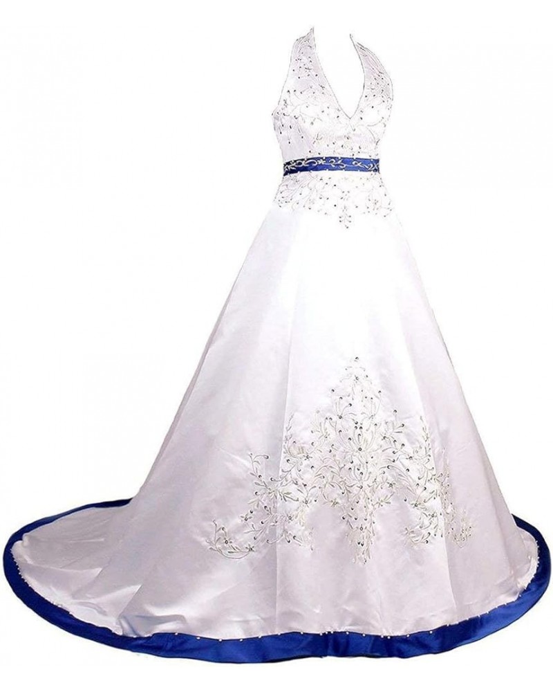 Women's Halter A-line Satin Embroidery Bridal Wedding Dresses for Bride Ivory & Blue $56.25 Dresses