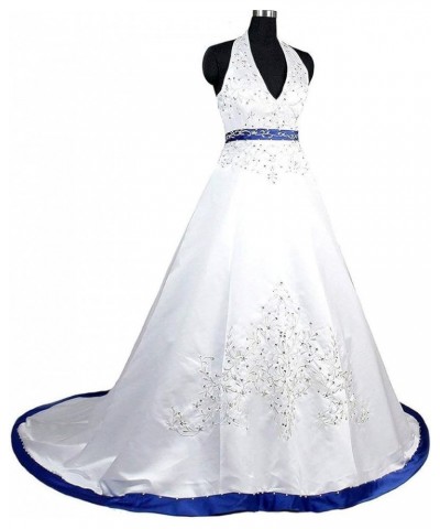 Women's Halter A-line Satin Embroidery Bridal Wedding Dresses for Bride Ivory & Blue $56.25 Dresses