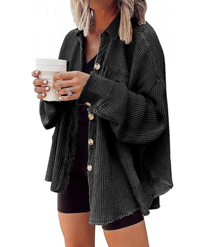 Women's Oversized Waffle Knit Shacket Jackets corduroy Long Sleeve Button Down Shirts Casual Loose Fit Blouses Tops Black $11...