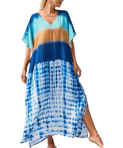 Women's Bohemian Kaftan Maxi Loungewear Oversized Nightgown Homewear Beach Cover Up Dress A Blue $17.09 Swimsuits