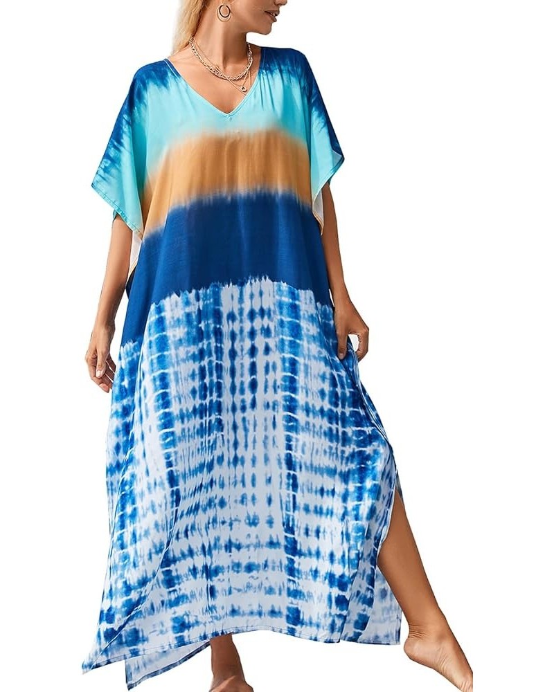 Women's Bohemian Kaftan Maxi Loungewear Oversized Nightgown Homewear Beach Cover Up Dress A Blue $17.09 Swimsuits