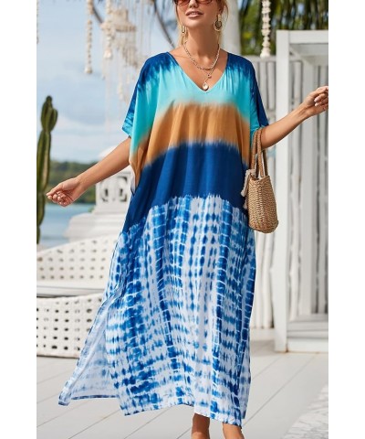 Women's Bohemian Kaftan Maxi Loungewear Oversized Nightgown Homewear Beach Cover Up Dress A Blue $17.09 Swimsuits