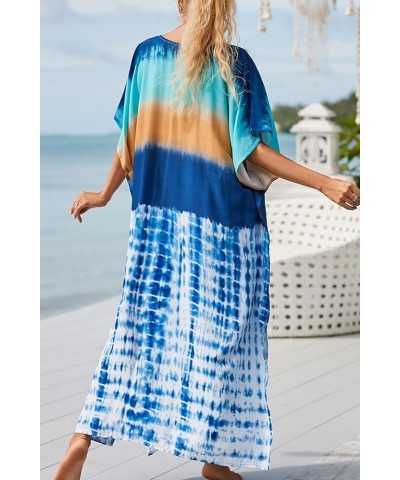 Women's Bohemian Kaftan Maxi Loungewear Oversized Nightgown Homewear Beach Cover Up Dress A Blue $17.09 Swimsuits