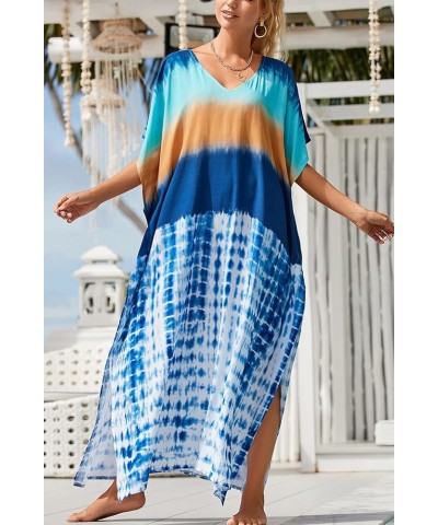 Women's Bohemian Kaftan Maxi Loungewear Oversized Nightgown Homewear Beach Cover Up Dress A Blue $17.09 Swimsuits