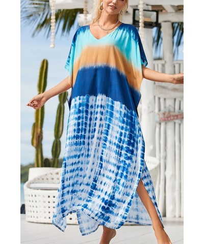 Women's Bohemian Kaftan Maxi Loungewear Oversized Nightgown Homewear Beach Cover Up Dress A Blue $17.09 Swimsuits