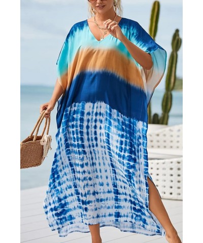 Women's Bohemian Kaftan Maxi Loungewear Oversized Nightgown Homewear Beach Cover Up Dress A Blue $17.09 Swimsuits