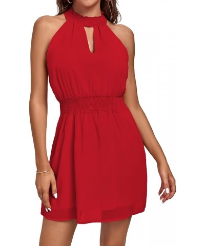 Women's Halter Cutout Sleeveless Smocked Waist Ruffle A Line Mini Dress Red $12.80 Dresses