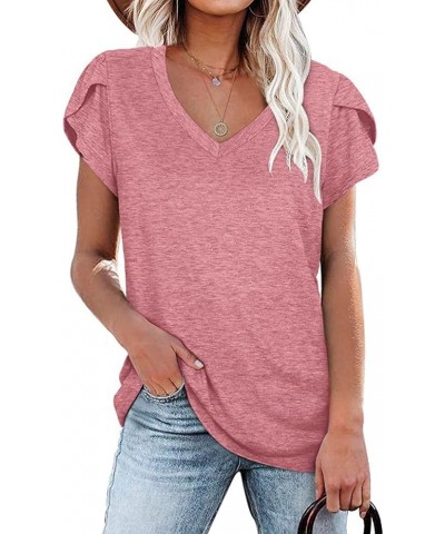 Womens Tops Summer V Neck Petal Sleeve Blouse Casual Tshirts Pink $10.19 Blouses