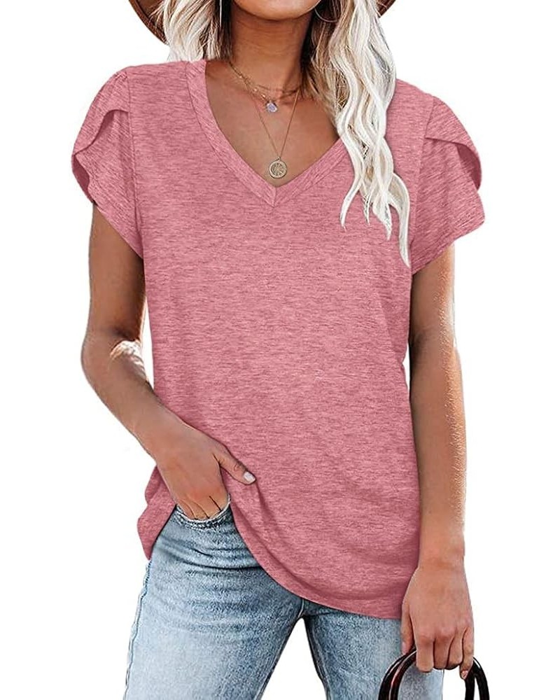 Womens Tops Summer V Neck Petal Sleeve Blouse Casual Tshirts Pink $10.19 Blouses