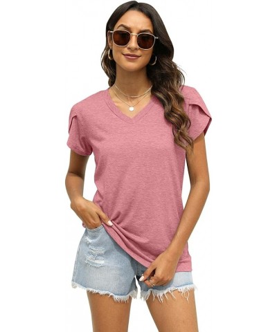 Womens Tops Summer V Neck Petal Sleeve Blouse Casual Tshirts Pink $10.19 Blouses