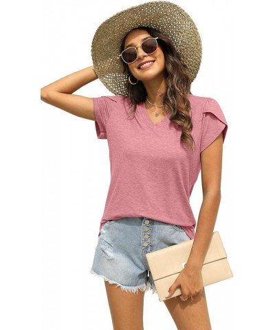 Womens Tops Summer V Neck Petal Sleeve Blouse Casual Tshirts Pink $10.19 Blouses