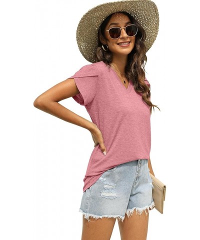 Womens Tops Summer V Neck Petal Sleeve Blouse Casual Tshirts Pink $10.19 Blouses