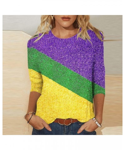 2024 Mardi Gras Shirts for Women,Carnival Party Outfit Glitter Long Sleeve Crewneck Tunic Tops 3/4 Sleeve Cute Tshirt Blouse ...