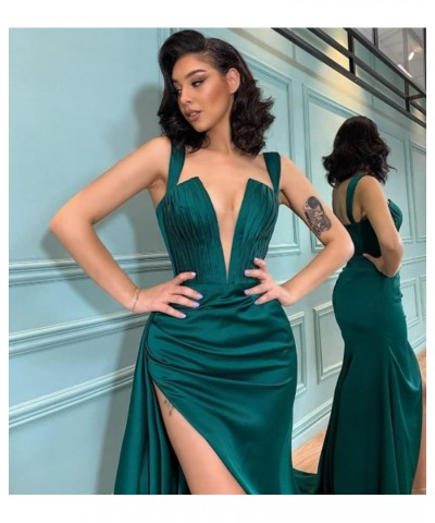 Satin Prom Dress for Women 2024 Long Ball Gowns High Slit Deep V-Neck Formal Evening Party Dresses Silver $50.75 Dresses