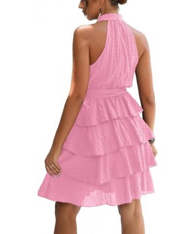 Women's Sleeveless Halter Neck Ruffle Layer Tie Belt Flowy A Line Mini Dress Pink $23.51 Dresses