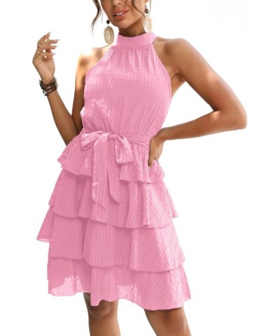 Women's Sleeveless Halter Neck Ruffle Layer Tie Belt Flowy A Line Mini Dress Pink $23.51 Dresses