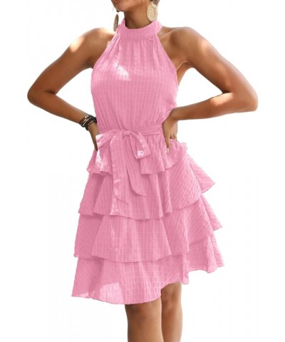 Women's Sleeveless Halter Neck Ruffle Layer Tie Belt Flowy A Line Mini Dress Pink $23.51 Dresses