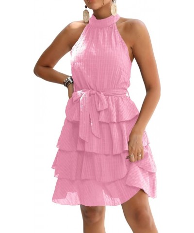 Women's Sleeveless Halter Neck Ruffle Layer Tie Belt Flowy A Line Mini Dress Pink $23.51 Dresses