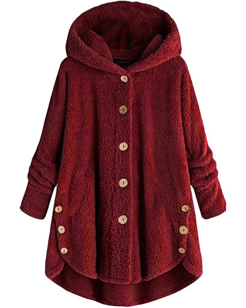 Sherpa Lined Jacket Women Button Down Long Sleeve Shaggy Shearling Hooded Cardigans Fitness Fall Winter Outerwear 08 Wine $9....