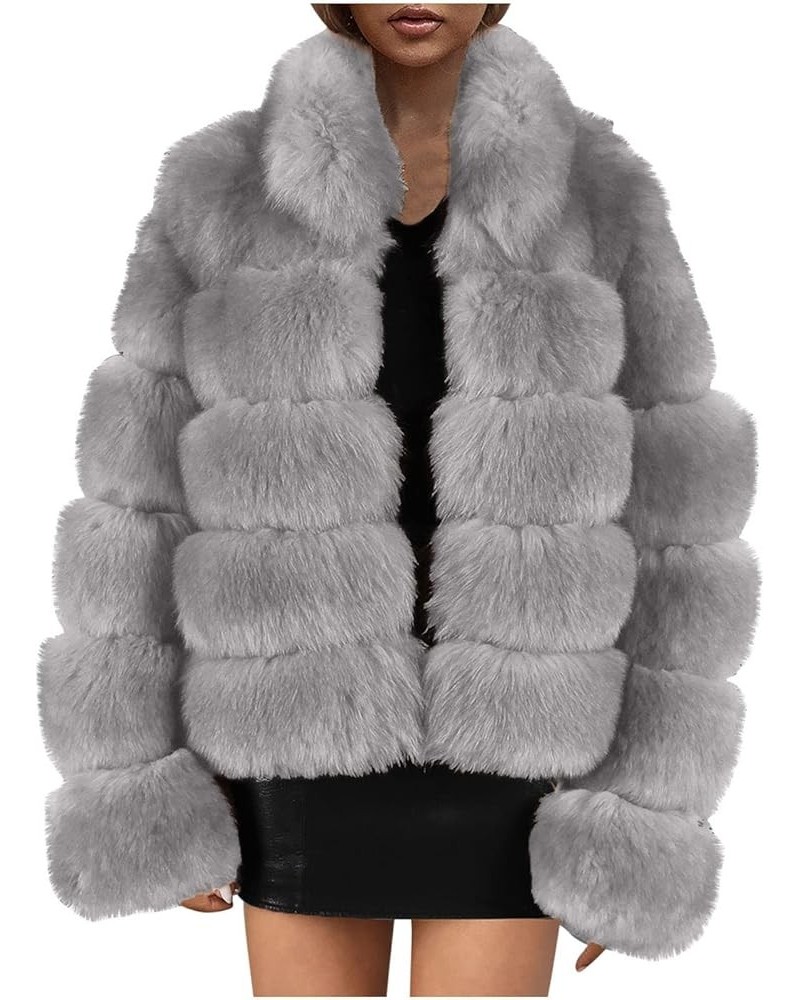 Faux Fur Jackets For Women Winter Warm Fluffy Fleece Crop Outerwear Oversized Soft Coats Jacket Trendy Short Tops Gray Faux F...