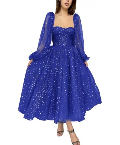 Puffy Sleeve Prom Dresses Long Sleeves Sparkly Starry Tulle Formal Evening Party Gowns Tea Length 02-royal Blue $34.20 Dresses